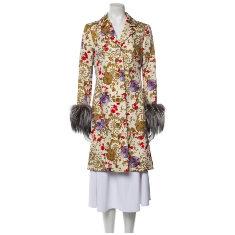 1990S TULEH BROCADE FLORAL PRINT METALLIC FILIGREE GENUINE FOX FUR TRIM COAT